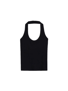 Slim fit black halter neck tank top in ribbed knit fabric for summer women's style