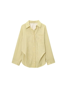 Women Casual Loose Yellow Striped Shirt Lapel Long Sleeve Button Down Blouse With Pocket Streetwear Top