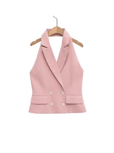 Gilet Mode Femme Coupe Ajustée Dos Nu Rose Col en V Double Boutonnage Sans Manches Top Revers Crané Streetwear Bureau
