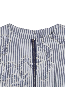 Blue and white striped bomber jacket with white floral embroidery and silver zipper