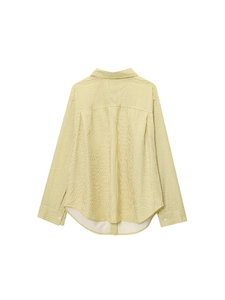 Back view of a loose yellow striped long-sleeve shirt with box pleat and curved hemline