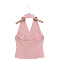 Haut licou rose sans manches avec col en V, coupe ajustée et dos nu pour femmes