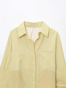 Relaxed yellow and white striped long sleeve shirt with unique beige textured hem patchwork