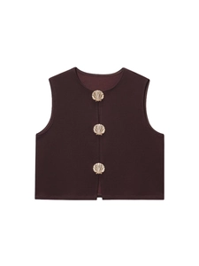Elegant Women Xiaoxiang Style Sleeveless Slim Fit Vest Round Neck Gold Shell Button Short Waistcoat Solid Color Summer Top