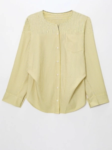 Relaxed yellow and white striped long sleeve shirt with collarless button-up front