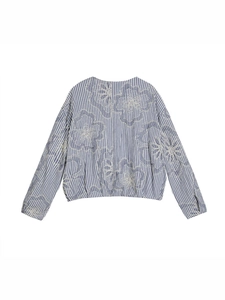 Women's 2025 autumn striped bomber jacket with white floral embroidery and round neck