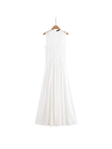 Robe Maxi Élégante en Dentelle sans Manches pour Femme Col Rond Coupe Slim Trapèze Fluide Mariage Soirée Longue Blanche Été
