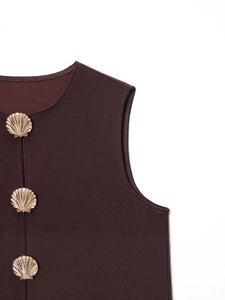Slim sleeveless dark brown vest top with gold shell buttons and premium textured fabric