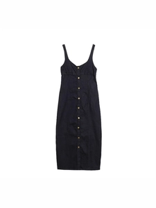 Damen Vintage Denim Cami Kleid V-Ausschnitt Einreihig Slim Fit Midi Länge Verstellbare Träger Raffung Detail Casual Streetwear