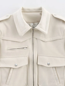 Women's faux suede street jacket with lapel collar and flap pockets in light beige