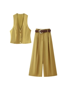 Gilet Mince Pour Femmes Et Pantalon Long À Jambes Larges Et Taille Haute Avec Ceinture Ensemble Décontracté Haut Et Pantalon