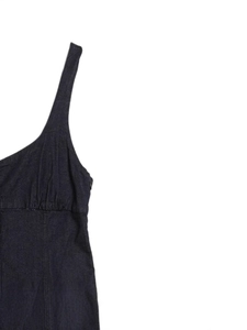 Eng anliegendes dunkelblaues Denim-Midikleid mit Knopfleiste und Seitenreißverschluss