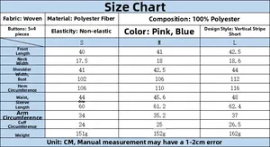 Detailed size chart for women's striped cropped shirt with measurements in cm
