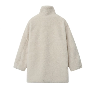 Rear view of off-white faux shearling coat with stand collar and textured fabric detail
