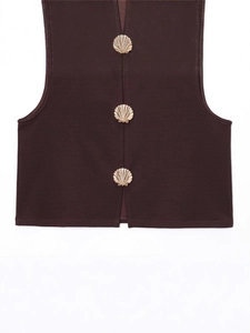 Sleeveless slim vest in dark brown with three vintage golden scallop-shaped metal buttons