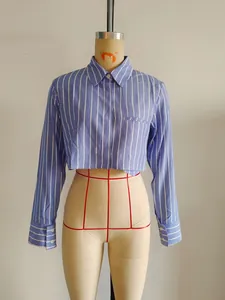 Detailed view of striped long sleeve shirt with classic lapel collar and chest pocket