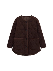 Women quilted diamond jacket in dark coffee with round neck and single-breasted buttons