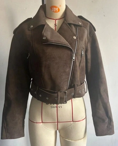 Detail view of brown faux suede biker jacket with metal zippers and waist belt