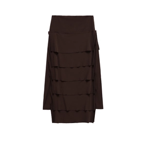 Detailed view of dark brown tiered midi skirt featuring layered fabric and side zipper