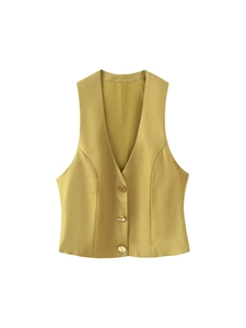 Gilet en satin jaune moutarde pour femme avec col en V et boutons dorés élégants