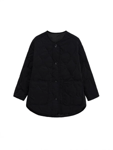 Women's black quilted jacket with wavy stitching and single-breasted buttons in minimalist style