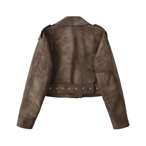 Back view of short brown faux suede biker jacket with epaulettes and belted waist detail