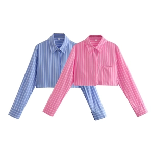 Flat lay of pink and blue striped long-sleeved shirts with collar and S size label