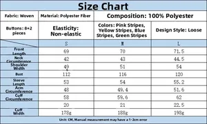 Detailed size chart with measurements for women's striped loose long-sleeved shirt