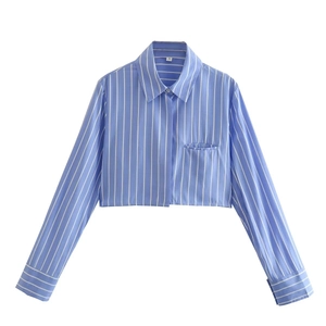 Detail of blue striped cropped shirt showing collar, chest pocket and vertical patterns