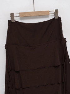 Women's 2025 summer deep brown tiered midi skirt with layered design and side zipper