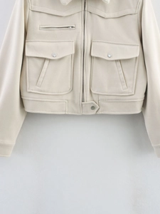 Women's cream faux suede cropped jacket with lapel collar and metal zippers