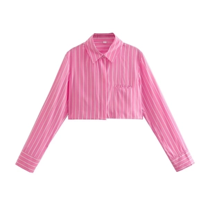 Detailed view of pink striped short shirt showing lapel collar and chest pocket
