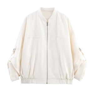 Women Casual Loose Long Sleeve Cotton Linen Jacket Off-white Zipper Baseball Collar Streetwear Outerwear For Spring Women