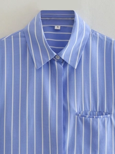 Women's blue and white striped short shirt with lapel collar and chest pocket