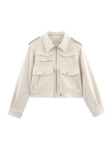 Women Fashion Suede Jacket Streetwear Casual Lapel Zipper Outerwear With Cargo Pockets And Epaulets For Fall Winter Beige