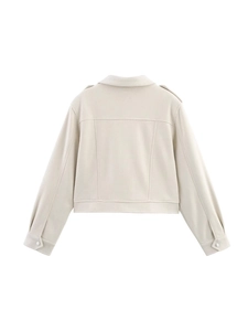 Women's faux suede street style jacket in cream beige with a lapel and back view design