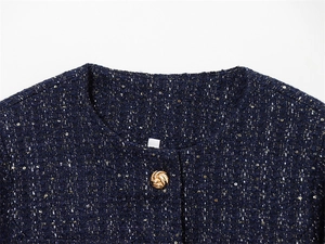 Close-up of navy tweed jacket featuring gold metallic button and sequin texture details