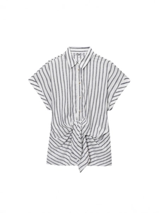 Camicia Casual da Donna in Lino Slub a Righe Manica Corta Rever Abbottonata Orlo Annodato Camicetta Top Traspirante Stile Vacanza