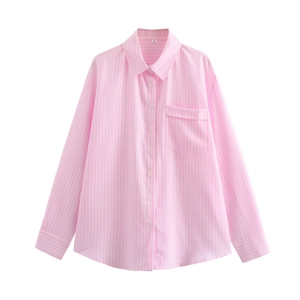 Detail view of pink striped shirt collar with size S tag and chest pocket texture