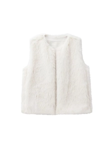 Gilet en fausse fourrure pour femme blanc avec poils longs et design ouvert sans manches