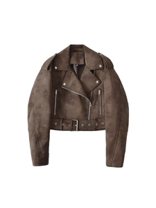 Women Casual Faux Suede Leather Moto Jacket Cropped Short Coat With Belt Zip Up Lapel Collar Autumn Streetwear