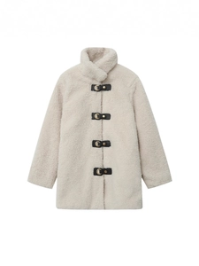 Women Street Fashion Faux Sherpa Coat Stand Collar Loose Mid Length Fleece Jacket With Leather Buckle Detail For Autumn Winter