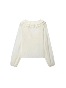 Elegant ivory V-neck blouse with ruffled collar and long sleeves for women fashion