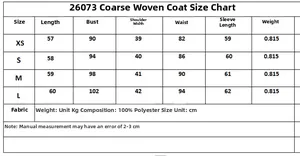 Size chart showing chest, shoulder, and length measurements for tweed jacket style