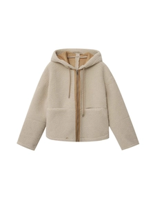 Veste à Capuche Décontractée Femme en Fausse Laine d'Agneau Chaud Polaire Sweat à Fermeture Éclair Beige Crème Avec Poches