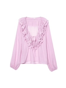 Women's pale pink long sleeve blouse with ruffled V-neckline and front tie detailing