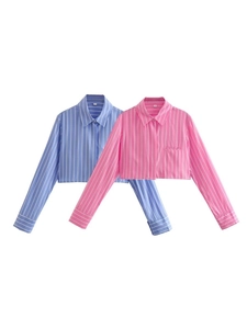 Women Cropped Long Sleeve Striped Shirt Lapel Single Breasted Blouse With Pocket Streetwear Casual Summer Top For Ladies