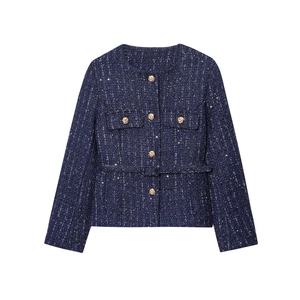Women's Elegant Tweed Jacket With Gold Buttons And Belt Round Neck Sequin Outerwear Vintage Luxurious Long Sleeve Coat