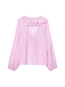 Pink ruffle V-neck long sleeve blouse with lace-up back and elastic cuffs