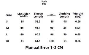 Detailed size chart for women long-sleeved jacket in S, M, L, XL including bust and length